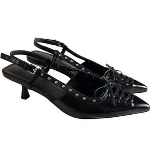 Coutgo Slingback Kitten Heel Shoes Black Pointed Toe Studded Bow Pumps 7 Witchy